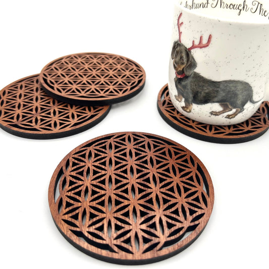 Wooden Flower of Life Coaster Set | Sacred Geometry Wooden Drink Coasters