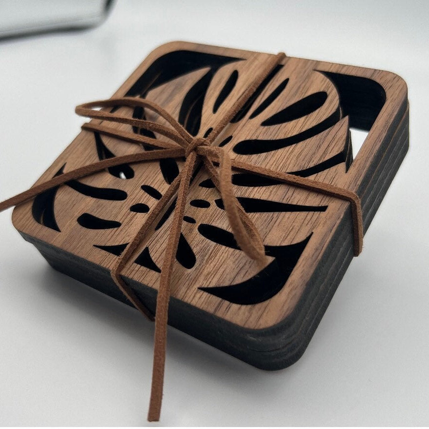 Wooden Monstera Leaf Coaster Set – Swiss Cheese Plant Coasters