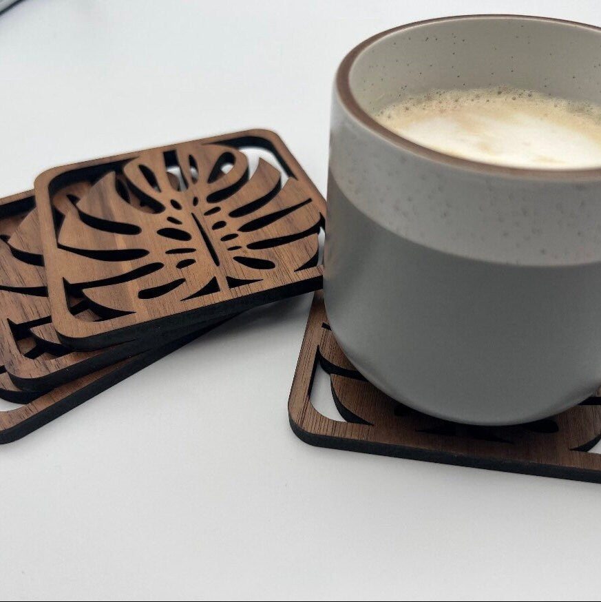 Wooden Monstera Leaf Coaster Set – Swiss Cheese Plant Coasters