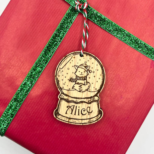 Christmas Personalised Wooden Fox Snow Globe Gift Name Tags - Christmas Present Name Tags - Wooden Tag Names - Tree Decoration