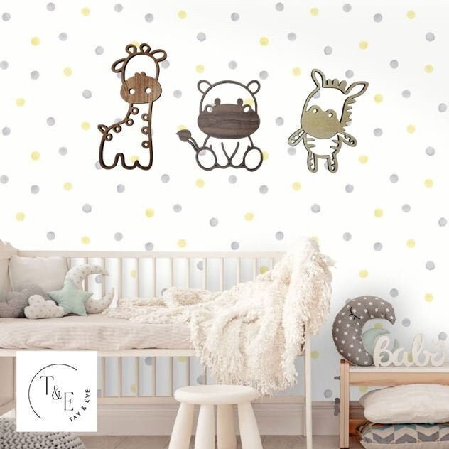 Safari Nursery Wall Art - Nursery Safari Wall Hanging - Safari Home Decor - Giraffe Hippo Zebra - Children's Bedroom Wall Art - Baby Gift