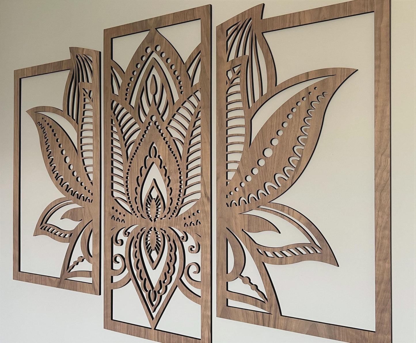 wooden wall panels with a mandala flower pattern