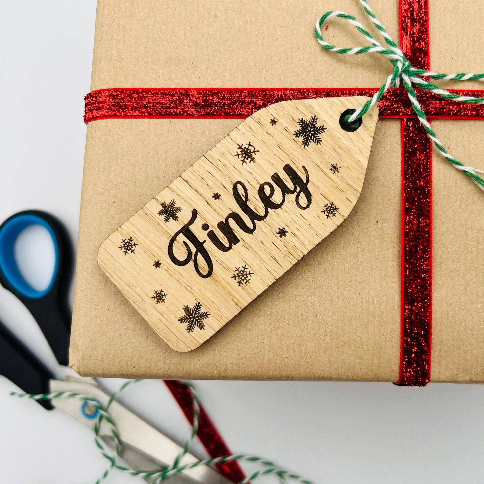 Engraved oak wooden Christmas gift tag decoration