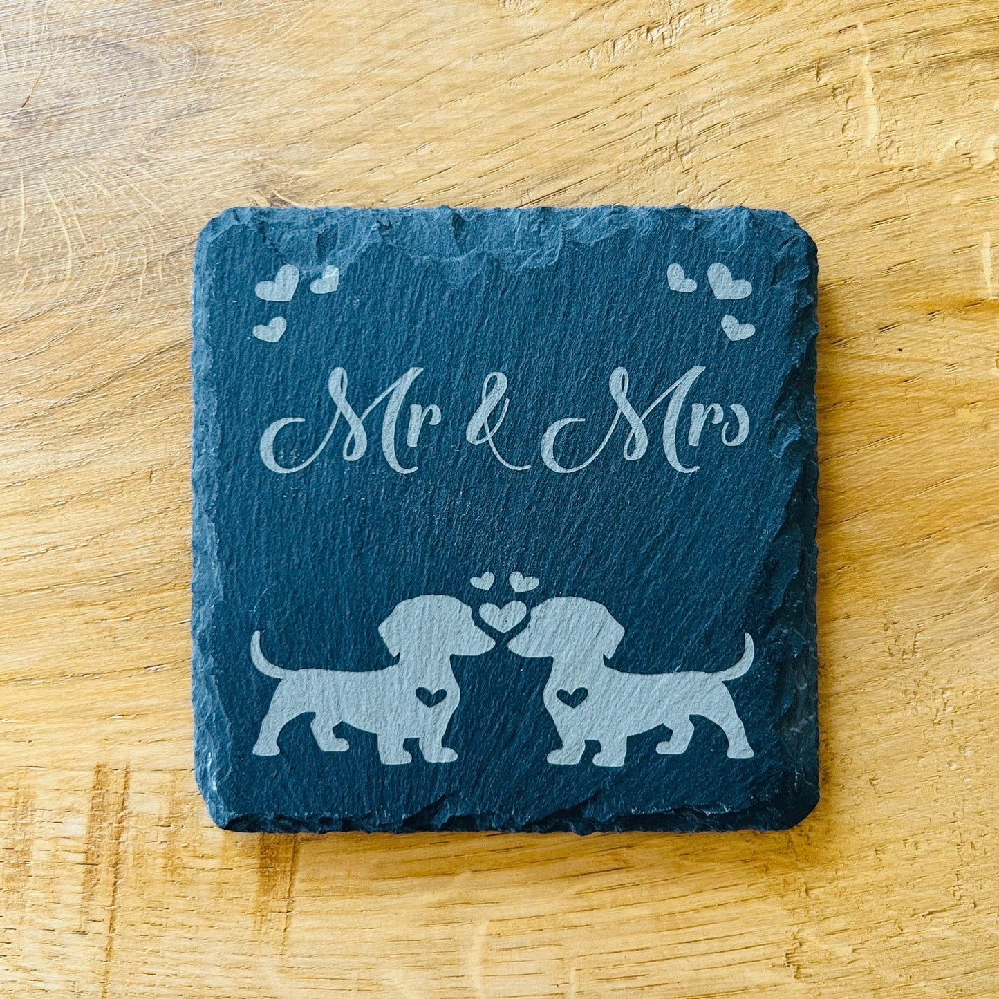 Mr and Mrs Dachshund slate coaster with sausage dog design