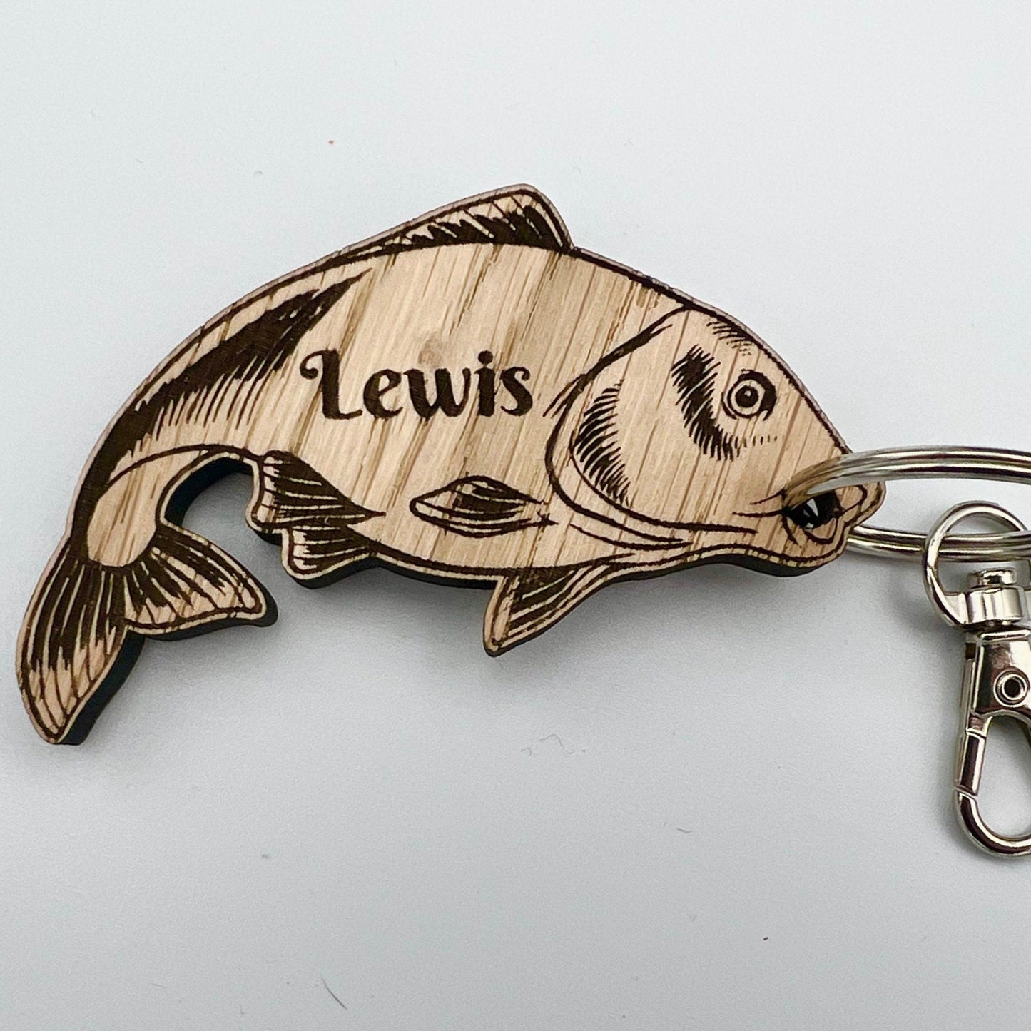 Personalised wooden fish keyring with engraved name
