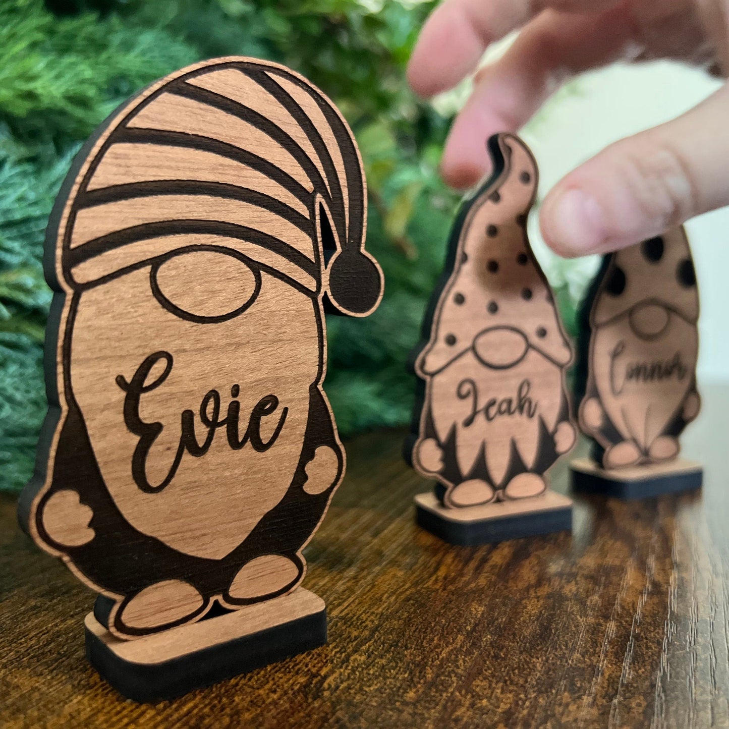 Personalised wooden gonk table name stand