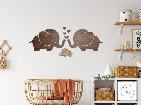 Set of Elephant Family - Mum, Dad & Baby - Decor Wooden Art - Decoration, Wood, Home, Bedroom, Nursery, Kids Baby Room