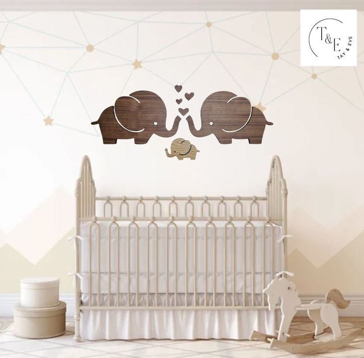 Set of Elephant Family - Mum, Dad & Baby - Decor Wooden Art - Decoration, Wood, Home, Bedroom, Nursery, Kids Baby Room